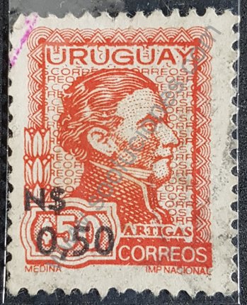 Sello Uruguay 1975 Artigas remarcado N$ 0,50