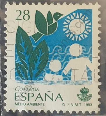 Sello con pájaro sol y siluetas 28 Pta España 1993